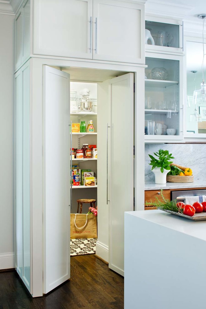 Trendy kitchen pantry photo in Atlanta with recessed-panel cabinets, white cabinets, solid surface countertops, white backsplash and stainless steel appliances
