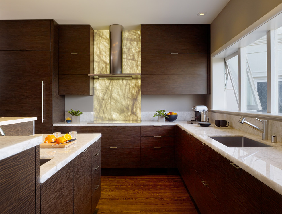 Cette photo montre une cuisine tendance en bois foncé avec un évier encastré et un placard à porte plane.