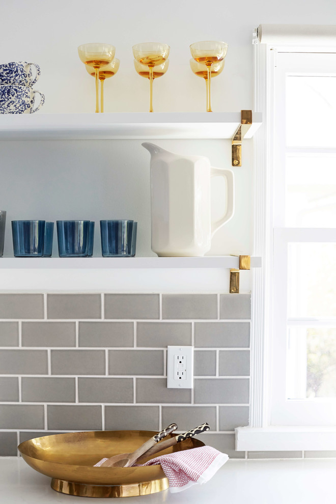 Inspiration for an eclectic cement tile floor kitchen remodel in San Francisco with blue cabinets, gray backsplash and ceramic backsplash