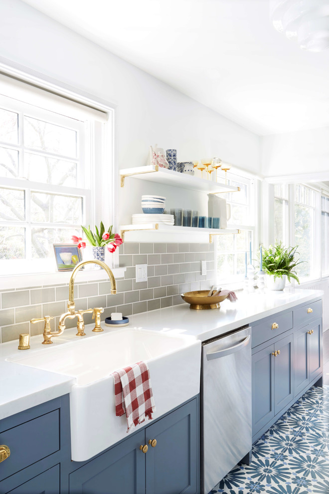 Eclectic kitchen photo in San Francisco with blue cabinets, gray backsplash and ceramic backsplash