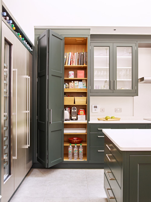 Dark Gray/Green Storage Cabinet: Unique Pantry Designs in a Contemporary Kitchen