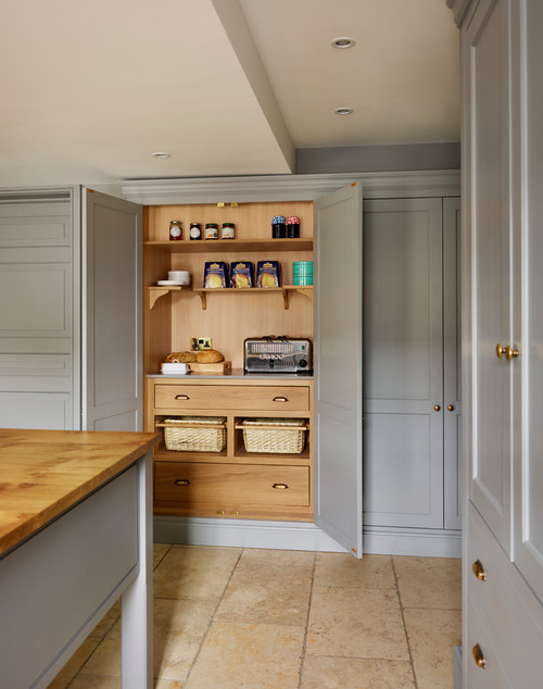Large Gray Recessed-Panel Cabinets: Unique Pantry Ideas in a Transitional Kitchen