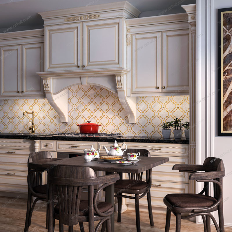 classic kitchen backsplash with white and Gold natural stone (Noble ...