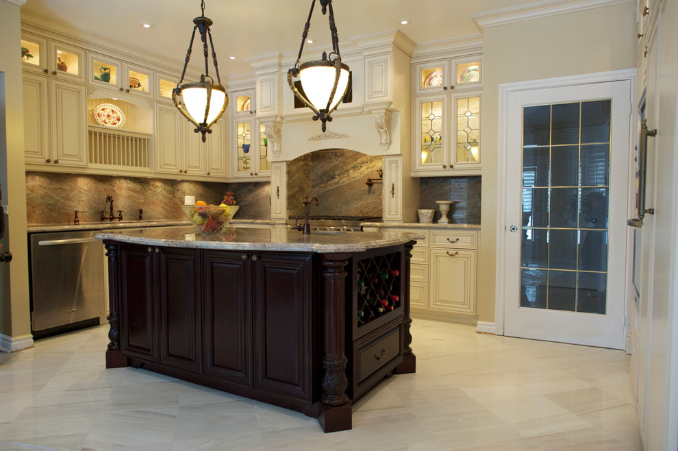 Example of a large classic u-shaped eat-in kitchen design in Toronto with an undermount sink, raised-panel cabinets, white cabinets and granite countertops