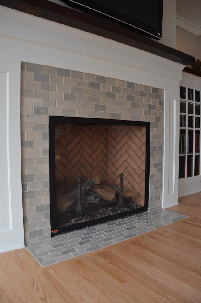 Classic Light Grey Subway Tile Kitchen, Subway Tile Fireplace Surround Ideas
