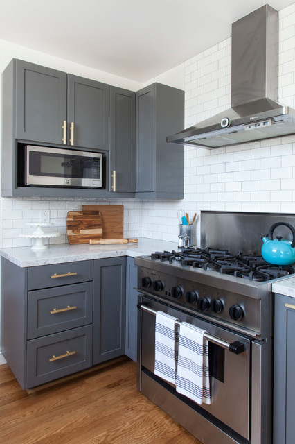 Gray Kitchen Cabinetry with Brass Knobs - Transitional - Kitchen