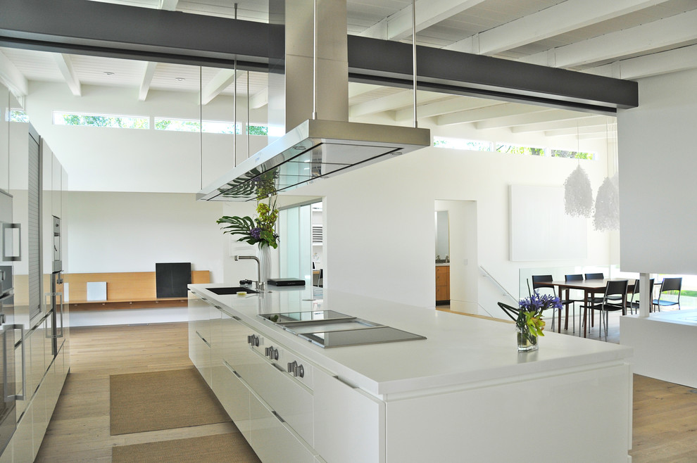 Example of a mid-century modern kitchen design in Denver with stainless steel appliances, white cabinets, solid surface countertops, white backsplash and glass sheet backsplash