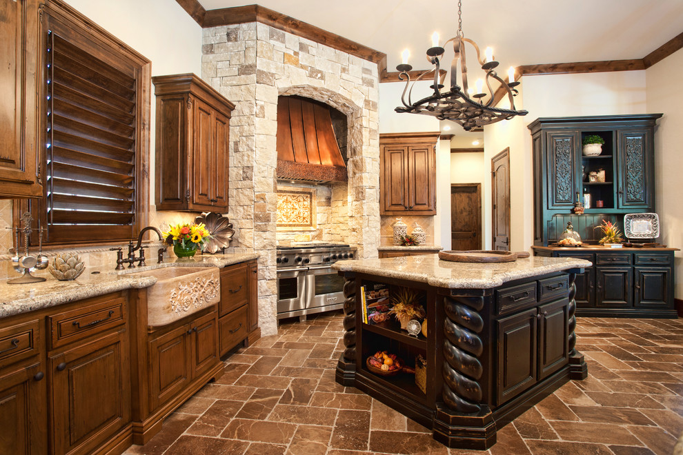 Example of a large tuscan u-shaped open concept kitchen design in Houston with a farmhouse sink, medium tone wood cabinets, mosaic tile backsplash, stainless steel appliances and an island