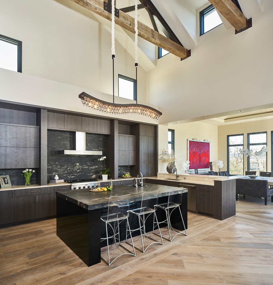 Trendy light wood floor and beige floor eat-in kitchen photo in Austin with flat-panel cabinets, dark wood cabinets, black backsplash, stainless steel appliances, an island, an undermount sink, marble countertops and stone slab backsplash
