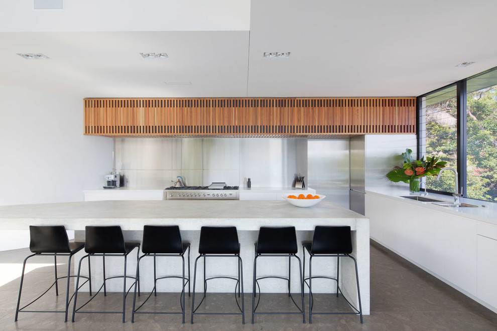 シドニーにあるラグジュアリーなコンテンポラリースタイルのおしゃれなアイランドキッチン (コンクリートカウンター、メタリックのキッチンパネル、メタルタイルのキッチンパネル、シルバーの調理設備、コンクリートの床、窓) の写真