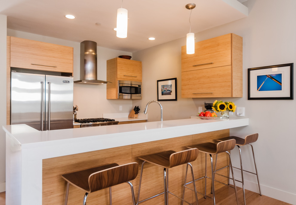 Modern kitchen in Boston with stainless steel appliances.