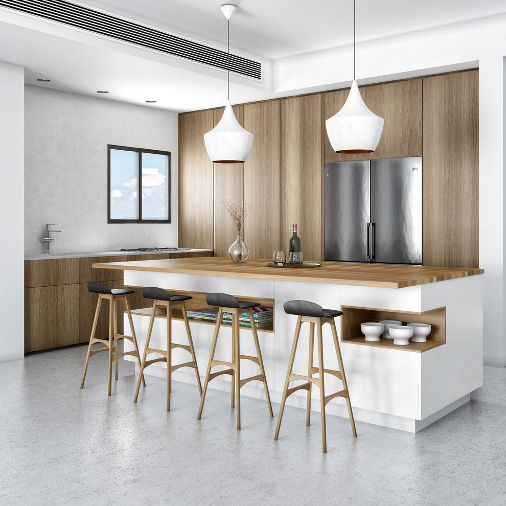 Moderne Wohnküche in L-Form mit hellbraunen Holzschränken, Granit-Arbeitsplatte, Betonboden und Kücheninsel in Tel Aviv