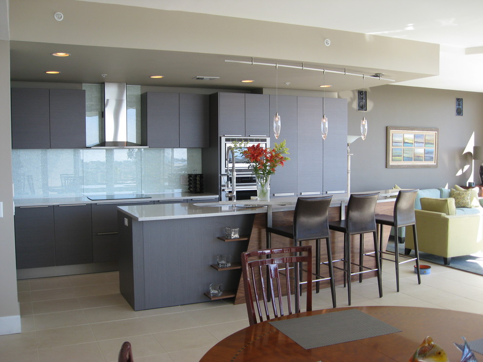 Foto de cocina moderna con electrodomésticos de acero inoxidable y puertas de armario grises