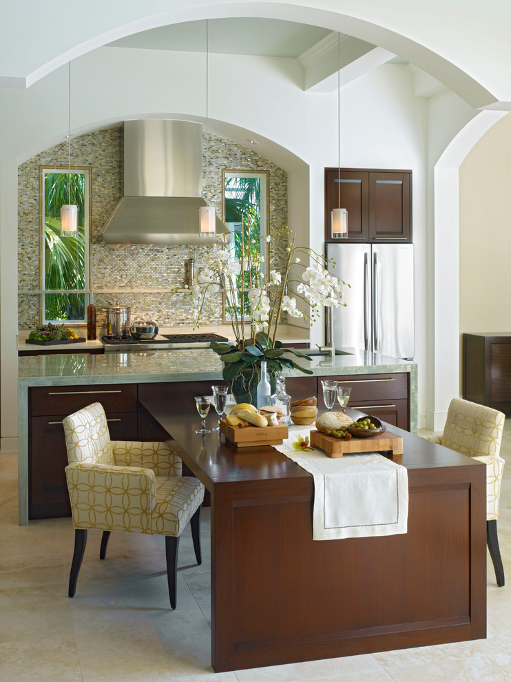 Eat-in kitchen - contemporary eat-in kitchen idea in Miami with an undermount sink, recessed-panel cabinets, dark wood cabinets, quartzite countertops, multicolored backsplash and stainless steel appliances