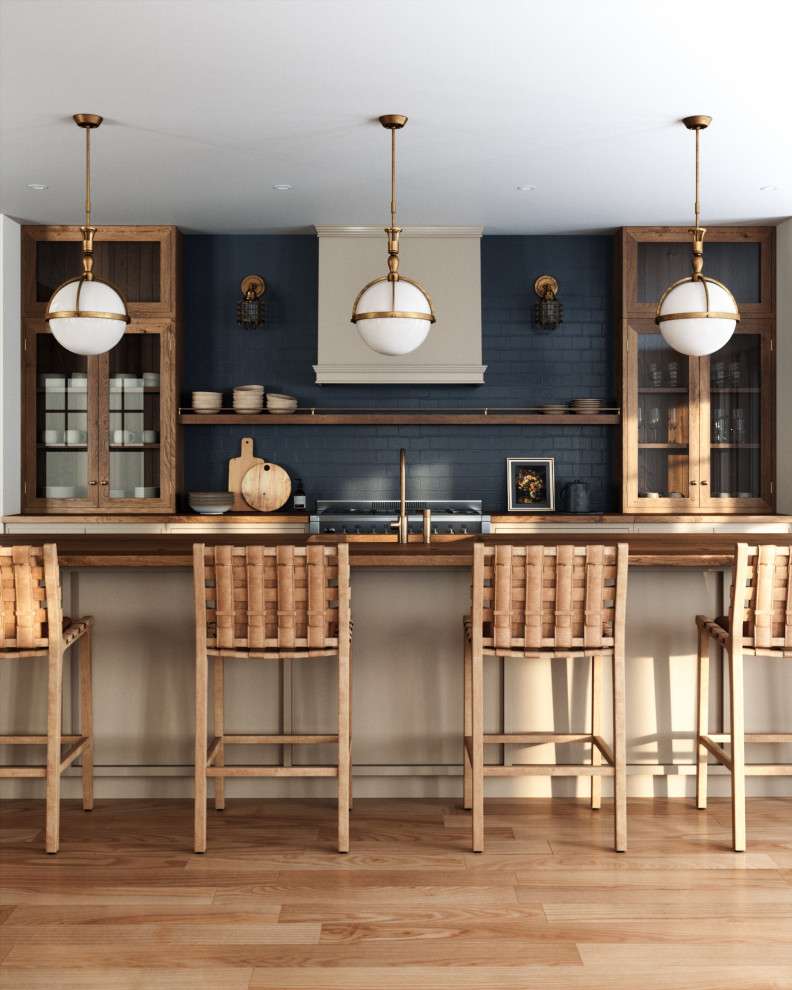 Cette image montre une grande cuisine parallèle traditionnelle en bois brun avec un évier posé, un placard à porte vitrée, un plan de travail en bois, une crédence bleue, îlot, un sol marron et un plan de travail marron.