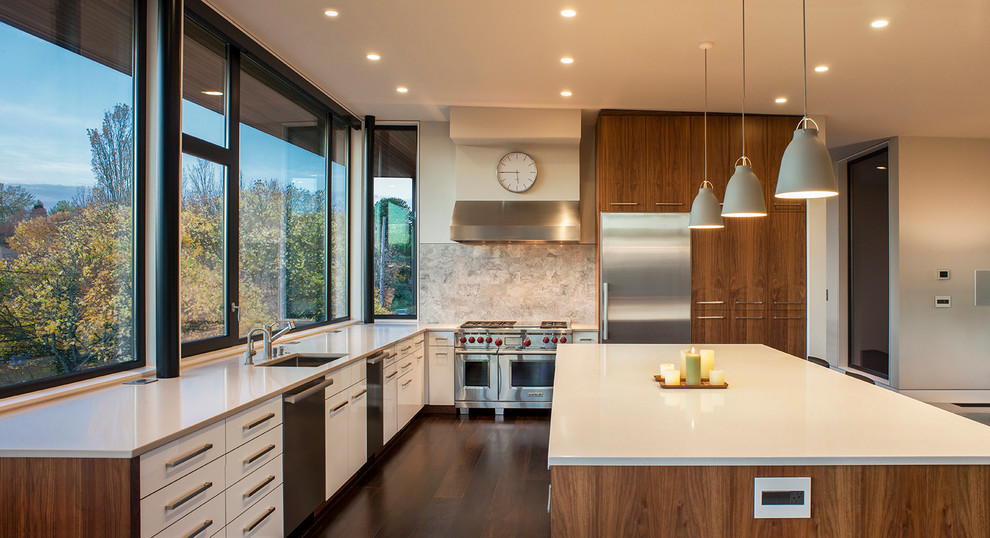 Kitchen - contemporary l-shaped dark wood floor kitchen idea in Portland with an undermount sink, flat-panel cabinets, white cabinets, stainless steel appliances and an island