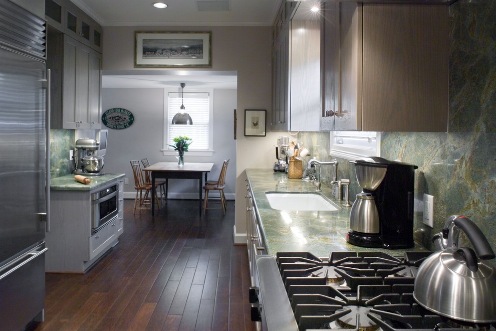 Design ideas for a large eclectic galley kitchen/diner in Houston with a submerged sink, shaker cabinets, grey cabinets, granite worktops, green splashback, stainless steel appliances, stone slab splashback and dark hardwood flooring.