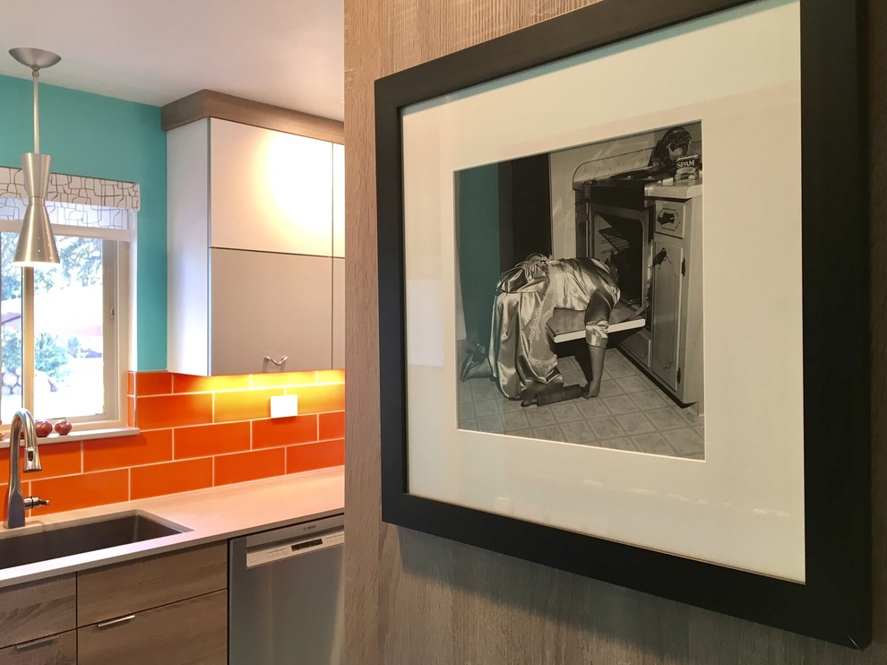 Inspiration for a small 1950s galley linoleum floor and turquoise floor enclosed kitchen remodel in Other with a single-bowl sink, flat-panel cabinets, gray cabinets, quartz countertops, orange backsplash, ceramic backsplash, stainless steel appliances and no island