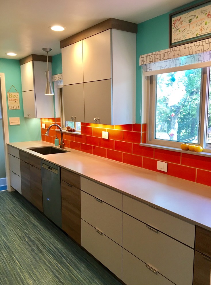 Design ideas for a small retro galley enclosed kitchen in Other with a single-bowl sink, flat-panel cabinets, grey cabinets, engineered stone countertops, orange splashback, ceramic splashback, stainless steel appliances, lino flooring, no island and turquoise floors.