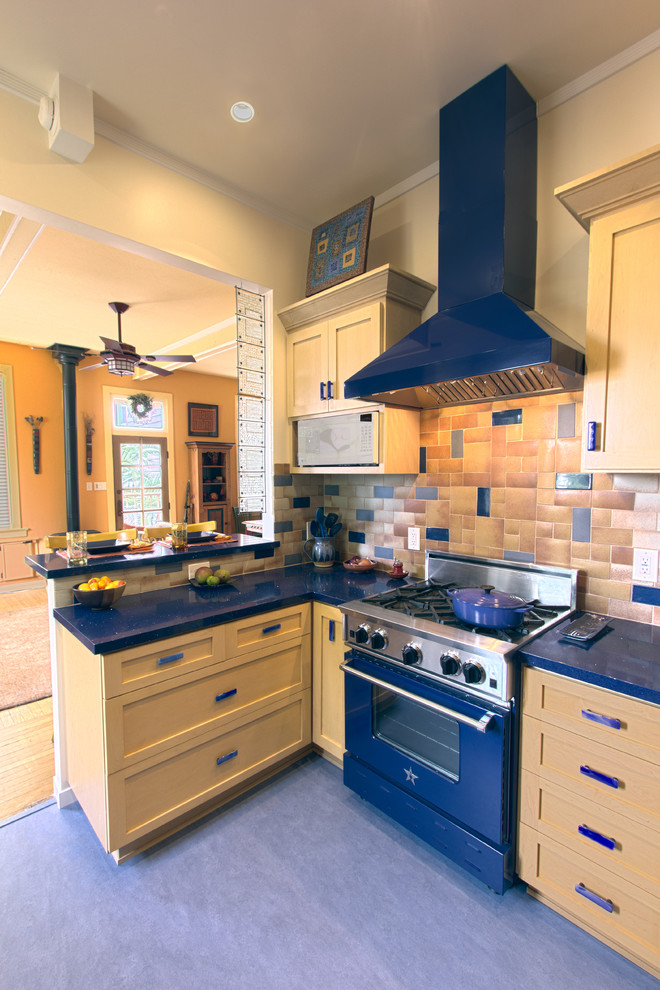 Example of a small classic linoleum floor open concept kitchen design in San Francisco with colored appliances, shaker cabinets, light wood cabinets, quartz countertops, subway tile backsplash, blue backsplash, no island and blue countertops