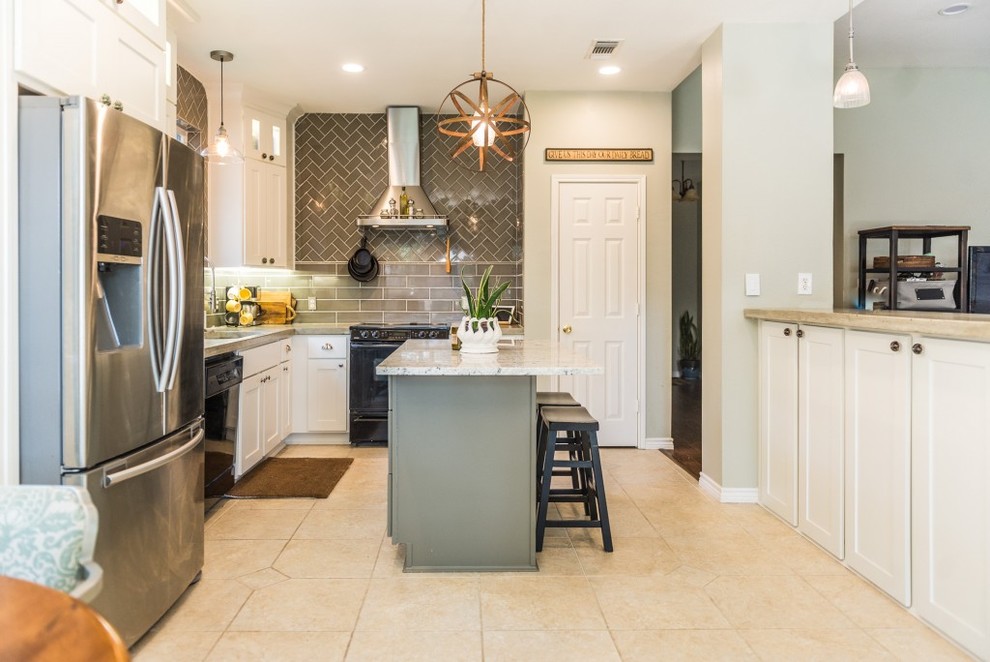 Example of an urban ceramic tile kitchen design in Dallas with a double-bowl sink, flat-panel cabinets, white cabinets, concrete countertops, gray backsplash, ceramic backsplash, stainless steel appliances and an island