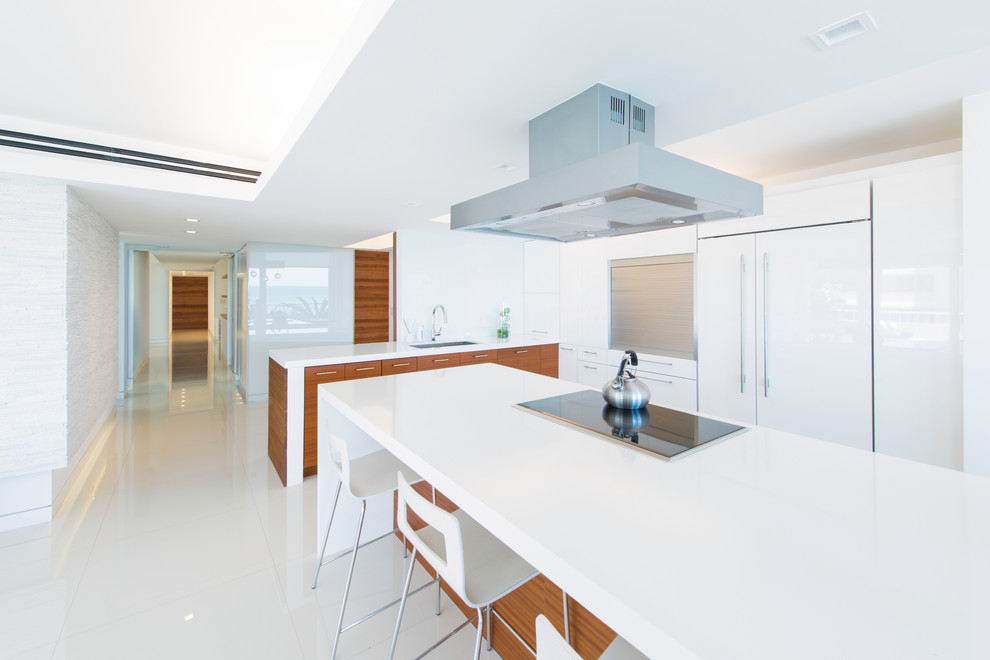 На фото: кухня в стиле модернизм с врезной мойкой, плоскими фасадами, белыми фасадами и техникой под мебельный фасад с