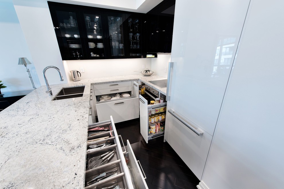 Offene, Kleine Moderne Küche ohne Insel in L-Form mit Unterbauwaschbecken, Glasfronten, schwarzen Schränken, Quarzwerkstein-Arbeitsplatte, Küchenrückwand in Weiß und dunklem Holzboden in Toronto