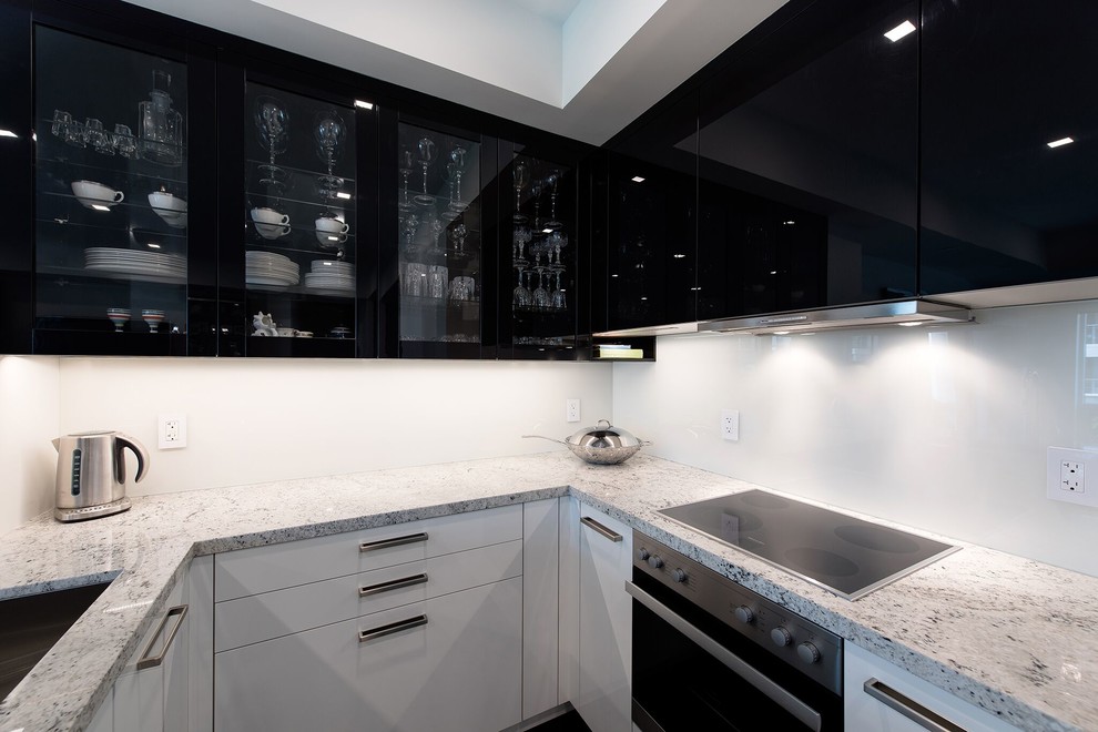Bild på ett litet funkis kök, med en undermonterad diskho, luckor med glaspanel, svarta skåp, bänkskiva i kvarts, vitt stänkskydd och mörkt trägolv