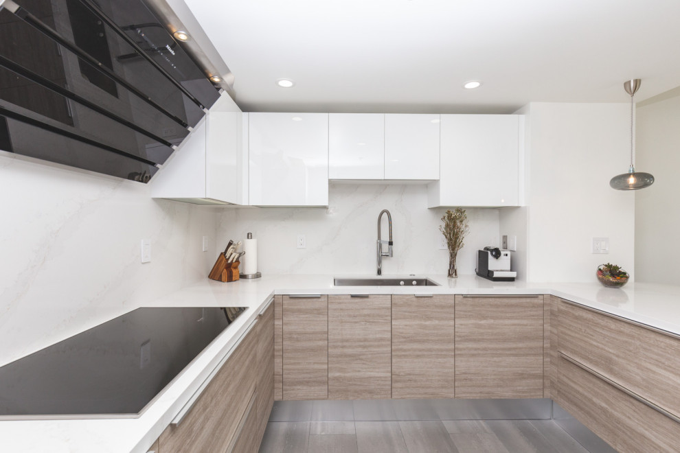Example of a small trendy u-shaped medium tone wood floor and gray floor eat-in kitchen design in San Francisco with an undermount sink, flat-panel cabinets, white cabinets, quartz countertops, white backsplash, white appliances, a peninsula and white countertops