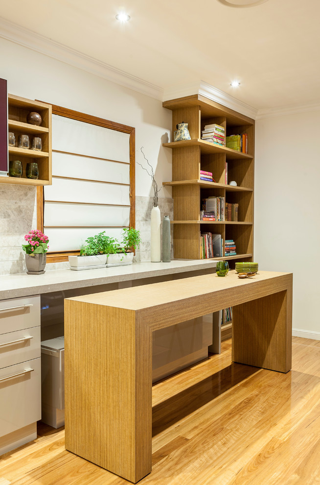 Diseño de cocina lineal contemporánea con armarios con paneles lisos, suelo de madera en tonos medios y cortinas