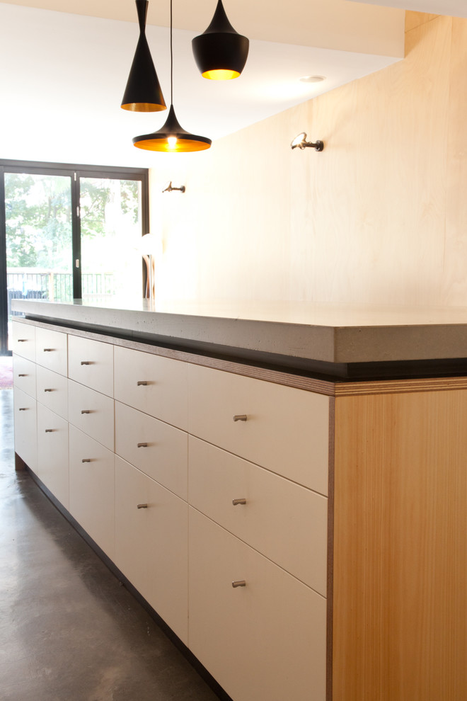 На фото: прямая кухня в современном стиле с столешницей из бетона, бетонным полом и островом