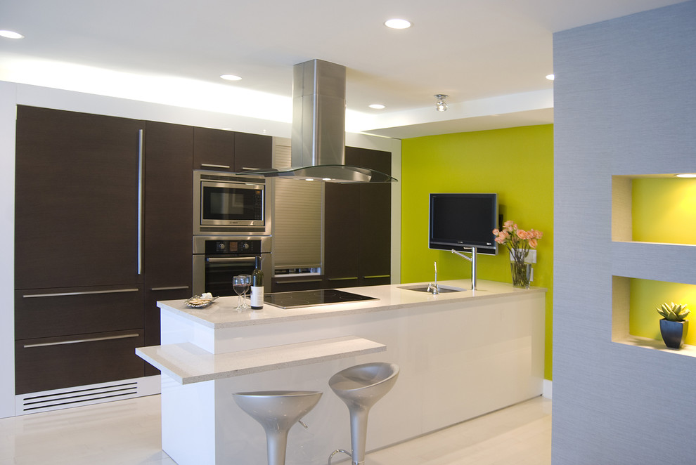 Design ideas for a contemporary galley kitchen in DC Metro with integrated appliances, flat-panel cabinets, dark wood cabinets, a single-bowl sink and a feature wall.