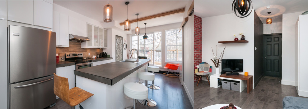 This is an example of a small contemporary galley kitchen/diner in Montreal with a single-bowl sink, flat-panel cabinets, white cabinets, tile countertops, brown splashback, porcelain splashback, stainless steel appliances, medium hardwood flooring and an island.