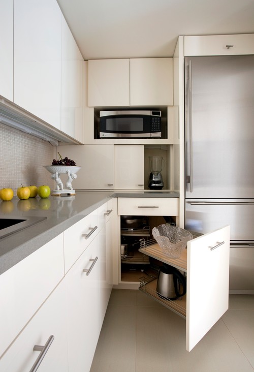 Contemporary White Kitchen with Clever Kitchen Storage Cabinet Design Solutions