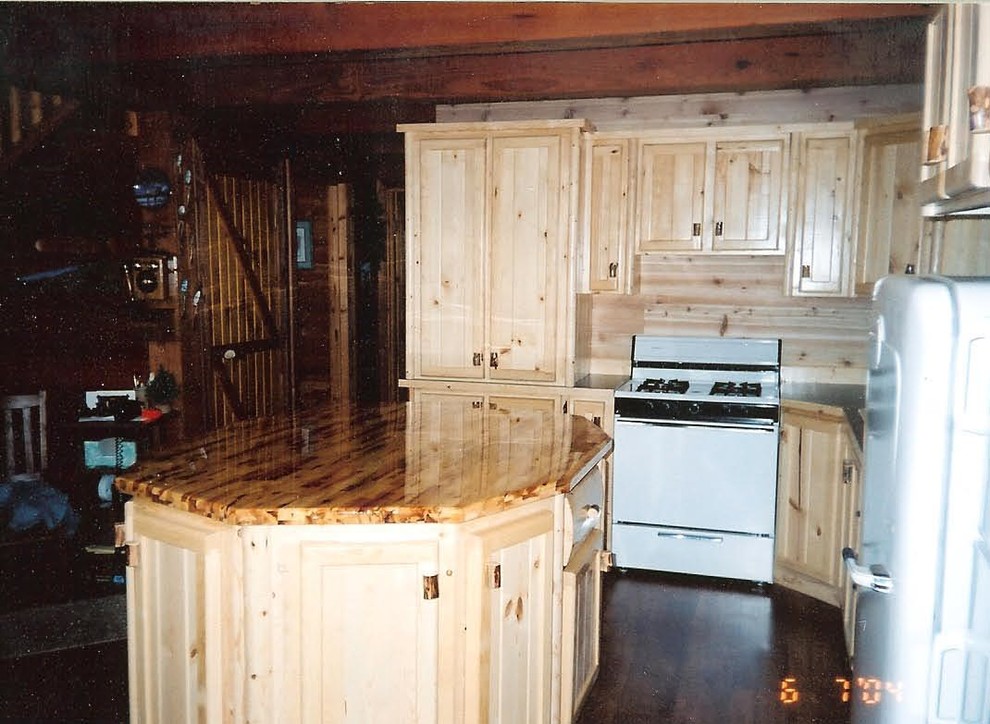 Immagine di una piccola cucina rustica con ante in stile shaker, ante con finitura invecchiata, elettrodomestici bianchi, parquet scuro e nessuna isola