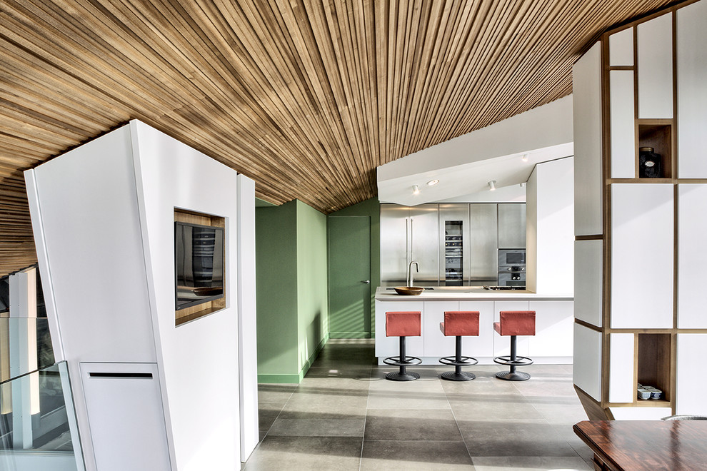 Cette image montre une cuisine linéaire design en inox de taille moyenne avec un placard à porte plane, un électroménager en acier inoxydable, sol en béton ciré et une péninsule.