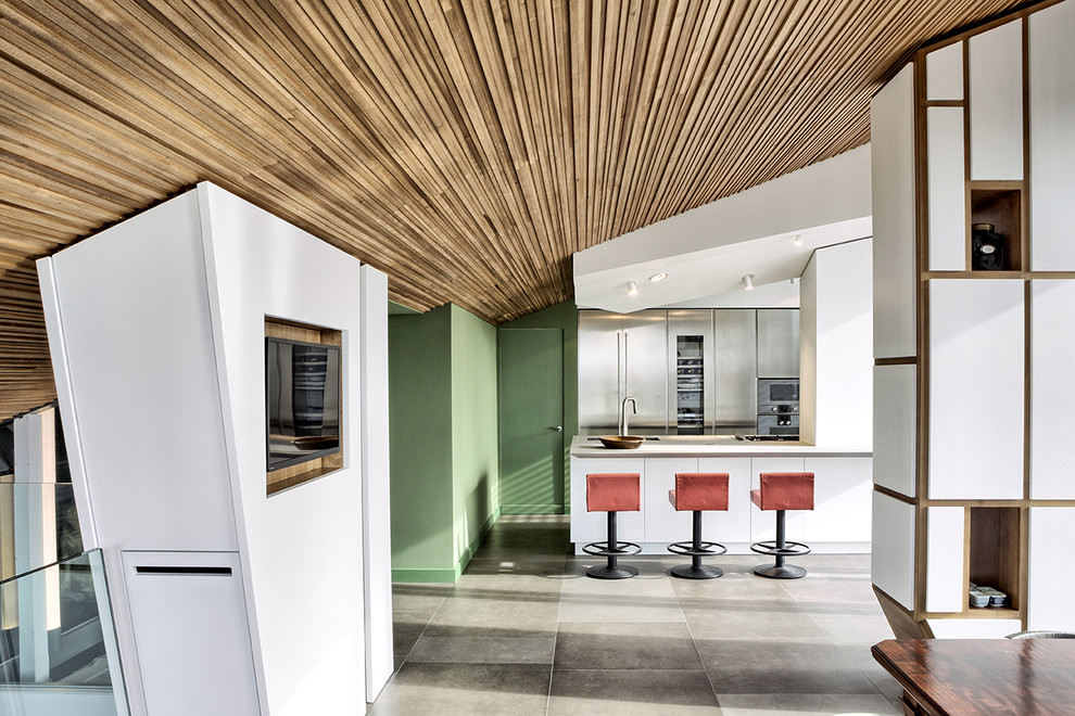 Immagine di una cucina lineare contemporanea di medie dimensioni con ante lisce, ante in acciaio inossidabile, elettrodomestici in acciaio inossidabile, pavimento in cemento e penisola