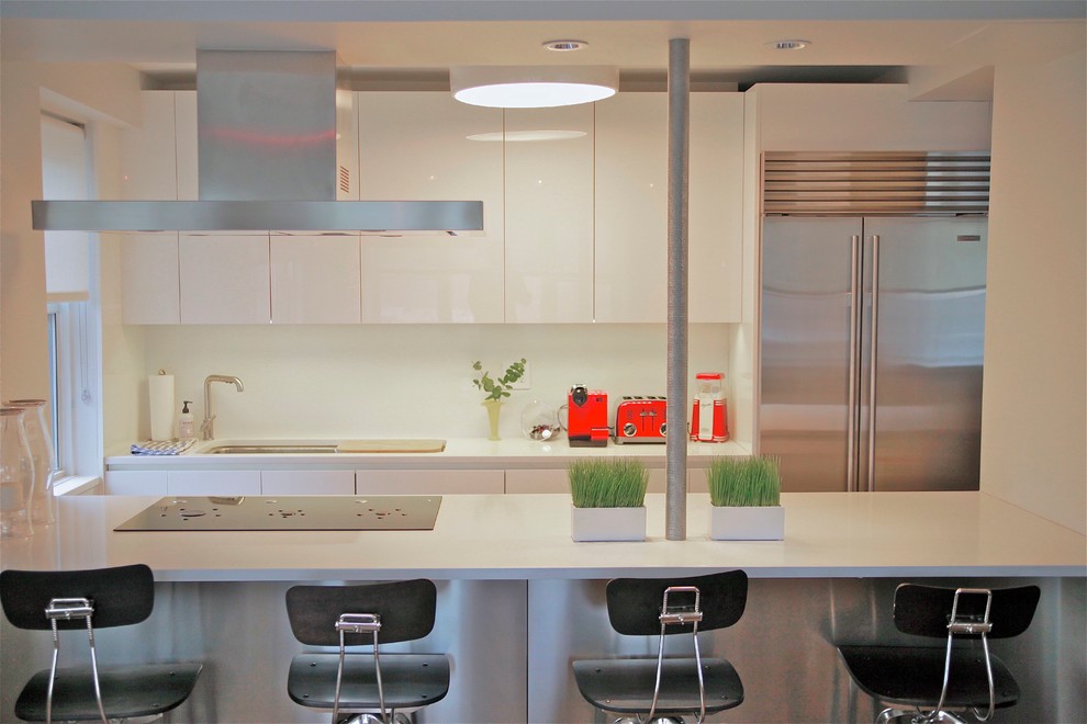 Свежая идея для дизайна: параллельная кухня-гостиная в современном стиле с плоскими фасадами и белыми фасадами - отличное фото интерьера