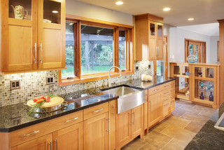 Gorgeous two story kitchen, granite countertops, pendant lighting, blue  mosaic backsplash tile, g…