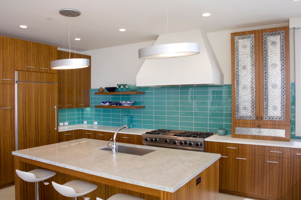 Design ideas for a coastal kitchen in San Francisco with integrated appliances.