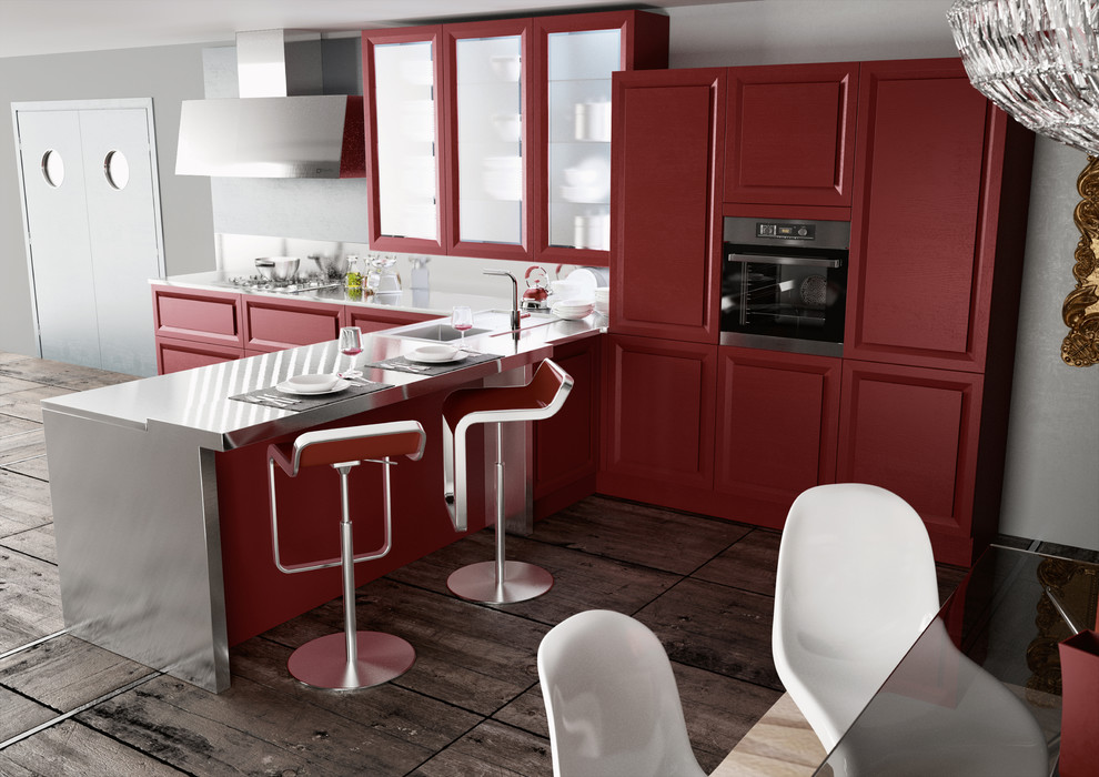 Design ideas for a medium sized contemporary single-wall kitchen pantry in San Diego with a double-bowl sink, flat-panel cabinets, red cabinets, stainless steel worktops, metallic splashback, metal splashback, integrated appliances, ceramic flooring and a breakfast bar.