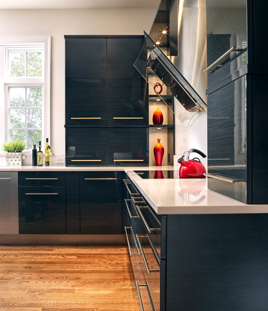 Стильный дизайн: кухня в современном стиле с плоскими фасадами, черными фасадами, техникой из нержавеющей стали и окном - последний тренд
