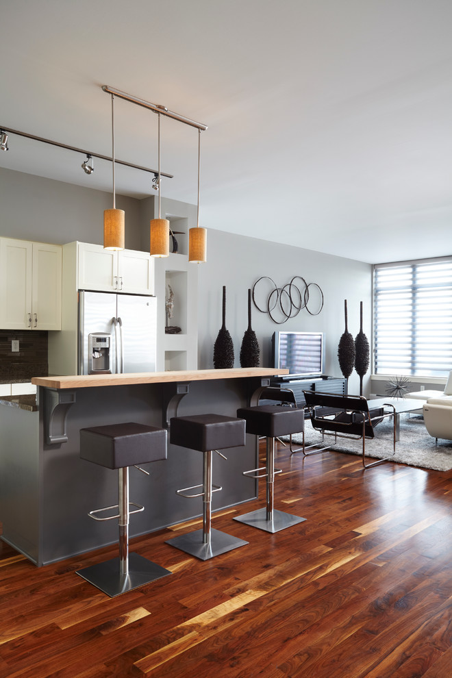 Bild på ett mellanstort funkis kök, med en undermonterad diskho, luckor med infälld panel, vita skåp, granitbänkskiva, brunt stänkskydd, glaspanel som stänkskydd, rostfria vitvaror, mörkt trägolv och en köksö
