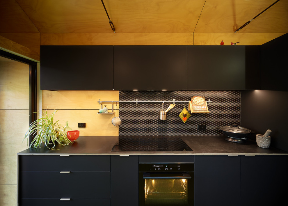 他の地域にある高級な中くらいなコンテンポラリースタイルのおしゃれなキッチン (ドロップインシンク、フラットパネル扉のキャビネット、黒いキャビネット、黒いキッチンパネル、黒い調理設備、緑の床、黒いキッチンカウンター、セラミックタイルのキッチンパネル、リノリウムの床、塗装板張りの天井) の写真
