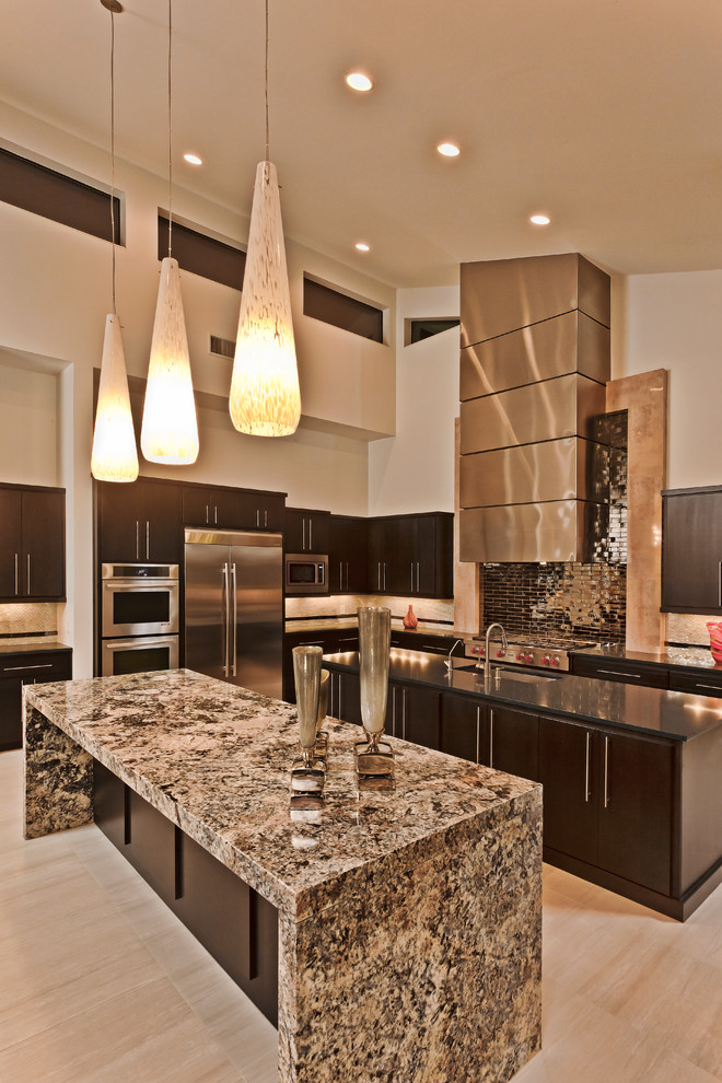 Example of a huge trendy l-shaped light wood floor open concept kitchen design in Austin with a single-bowl sink, flat-panel cabinets, brown cabinets, granite countertops, beige backsplash, stainless steel appliances and two islands