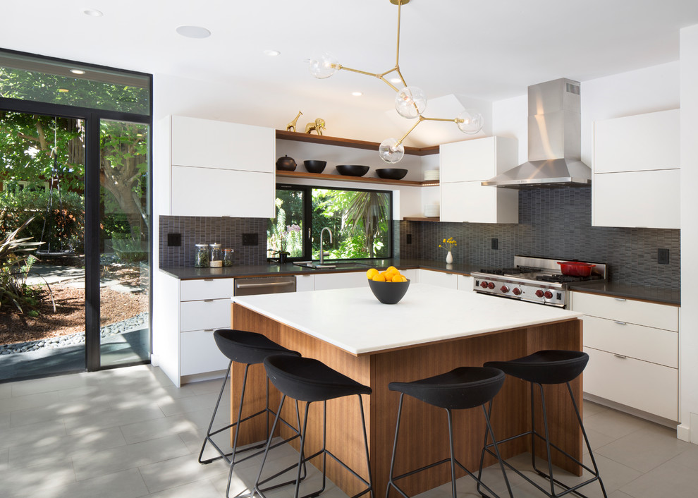 Trendy u-shaped ceramic tile kitchen photo in San Francisco with a drop-in sink, flat-panel cabinets, white cabinets, gray backsplash, stainless steel appliances and an island