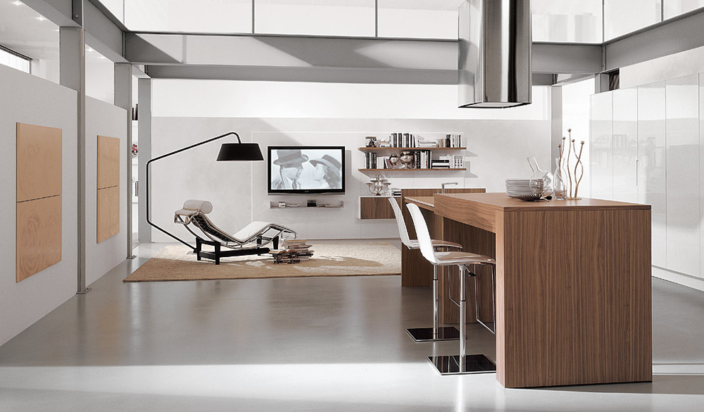 Inspiration for a contemporary open plan kitchen in Toronto with flat-panel cabinets, white cabinets and wood worktops.