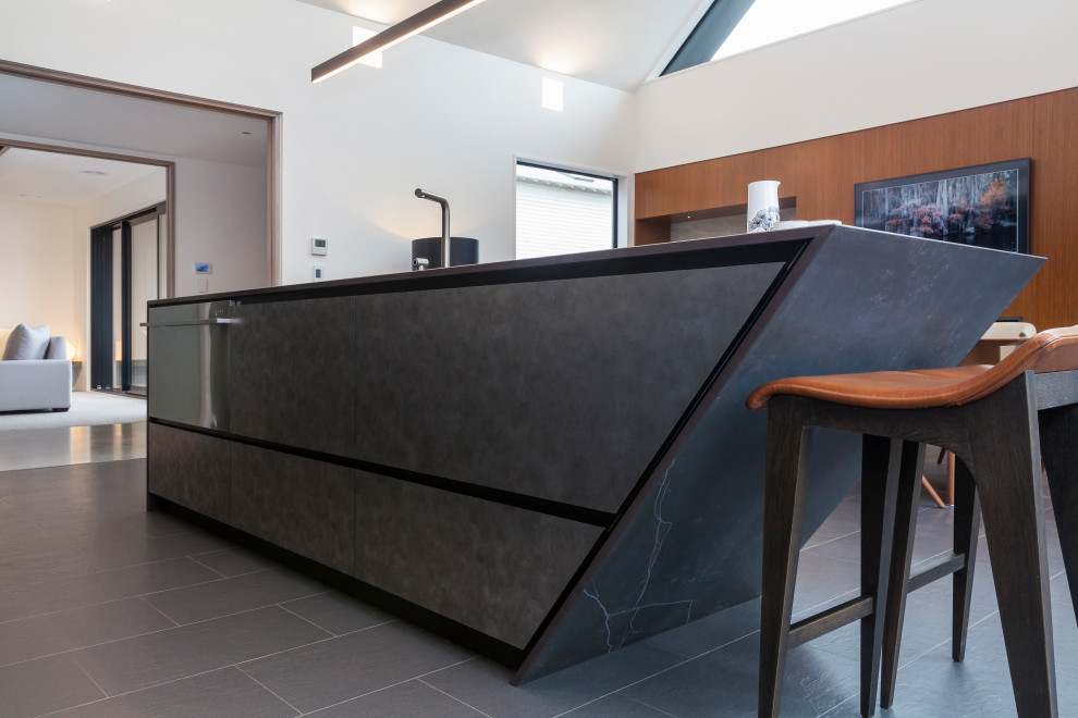 Inspiration for a medium sized contemporary galley kitchen/diner in Christchurch with a submerged sink, black cabinets, black splashback, stainless steel appliances, an island, flat-panel cabinets, porcelain splashback, porcelain flooring and black floors.