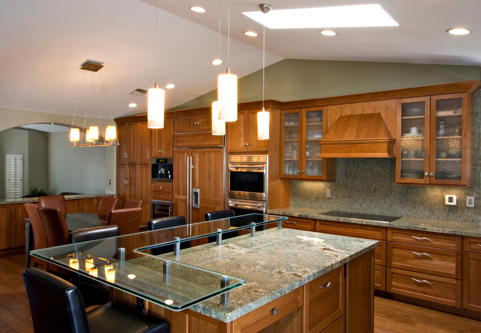 Trendy kitchen photo in Phoenix with glass countertops