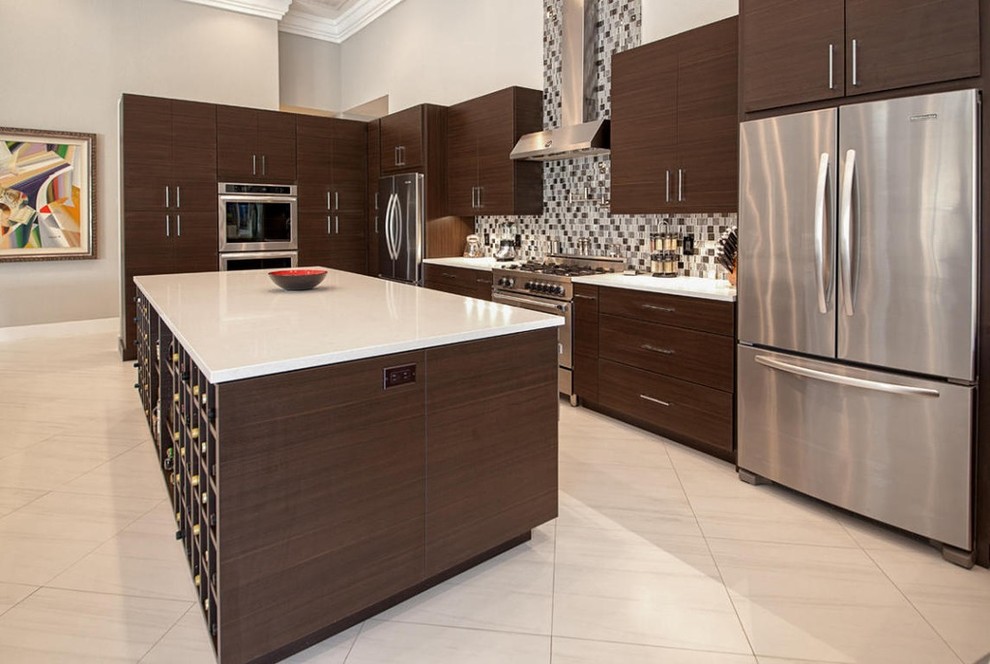 Large trendy u-shaped eat-in kitchen photo in Miami with flat-panel cabinets, dark wood cabinets, quartz countertops, multicolored backsplash and two islands
